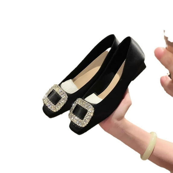 Women's Rhinestone Buckle Square Toe Flats, Elegant Slip-on Dress Shoes, Comfortable Walking Loafers for Spring, Summer & Fall