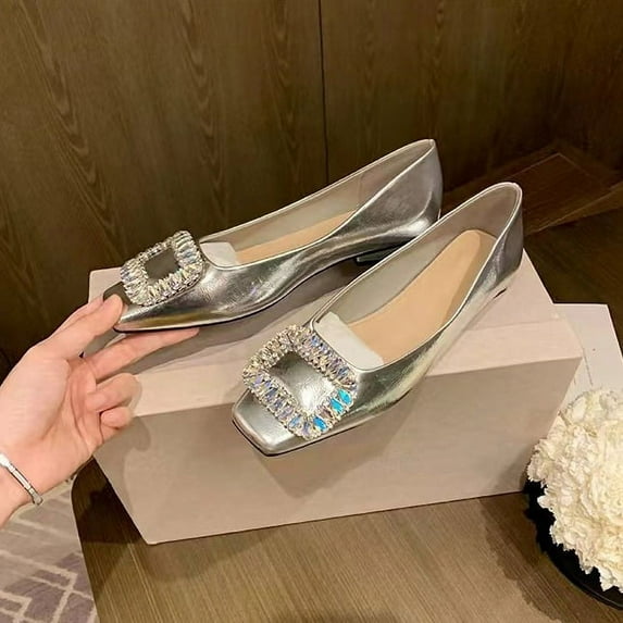 Women's Rhinestone Buckle Square Toe Flats, Elegant Slip-on Dress Shoes, Comfortable Walking Loafers for Spring, Summer & Fall