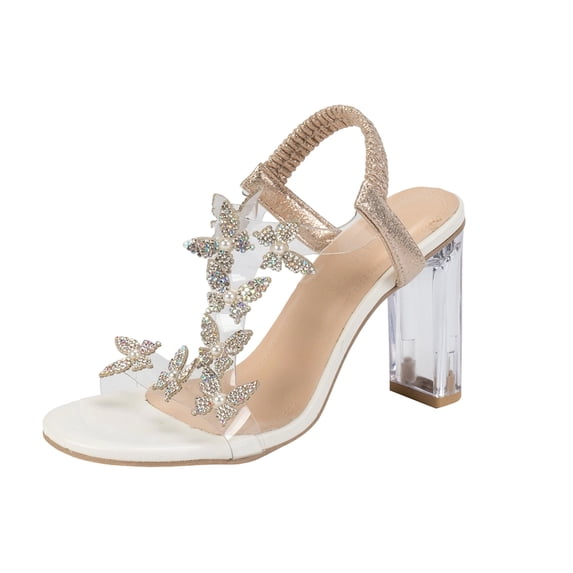 Women's Rhinestone Butterfly Clear Block Heel Sandals Open Toe Elastic Ankle Strap Heel Dress Shoes Square Toe Heels Party Wedding Sandal Shoes(Beige,7.5)
