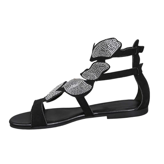 Women’s Rhinestone Butterfly Cutout Flat Gladiator Sandals, Elastic Ankle Strap Open Toe Daily Dress Shoes