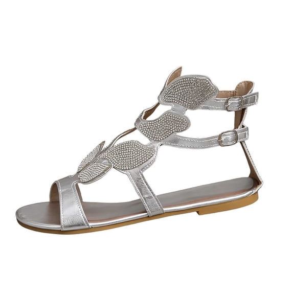 Women’s Rhinestone Butterfly Cutout Flat Gladiator Sandals, Elastic Ankle Strap Open Toe Daily Dress Shoes