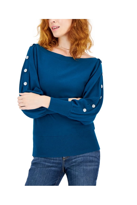 Women's Rhinestone-Button Sweater Teal Kingfisher L