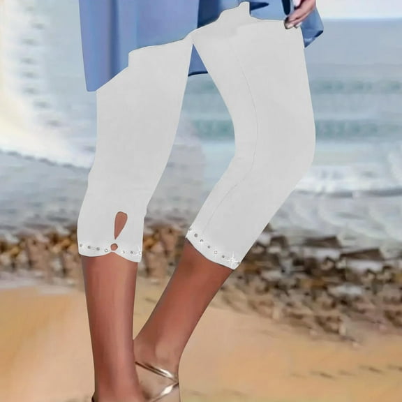 Women's Rhinestone Casual Tight Leggings Yoga Cropped Pants Capri Beach Workout Athletic Solid Color Comfortable Stretchy Capri White S-3XL