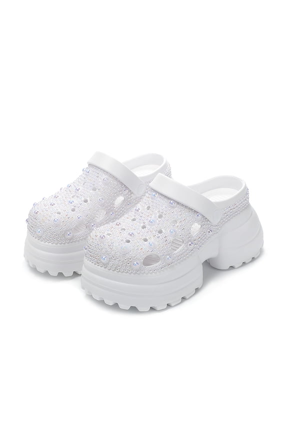 Women’s Rhinestone Clog Sandals, Chunky Platform Slip-On Shoes, Casual Garden Slides