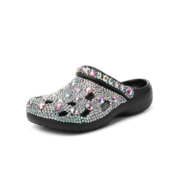 Women’s Rhinestone Clog Sandals, Sparkle Slip-On Garden Shoes, Casual Flat Slides