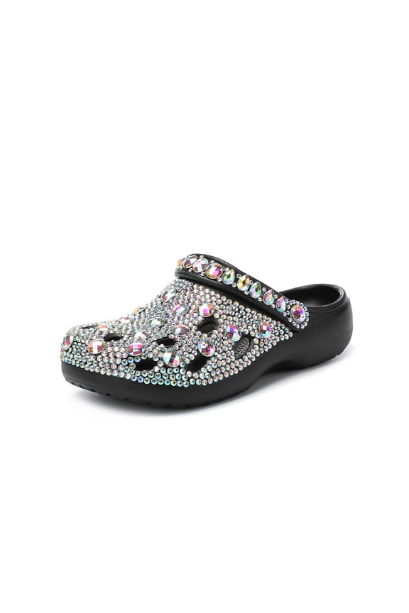 Women’s Rhinestone Clog Sandals, Sparkle Slip-On Garden Shoes, Casual Flat Slides