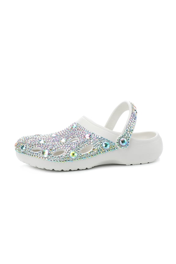 Women’s Rhinestone Clog Sandals, Sparkly Slip On Garden Shoes with Back Strap