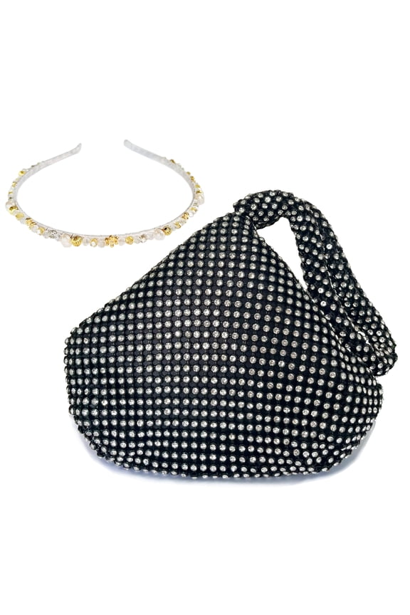 Women's Rhinestone Clutch Evening Bag with Pearls Headband, Full Diamond Clutch Purse Satin Lining, Medium Size - Black