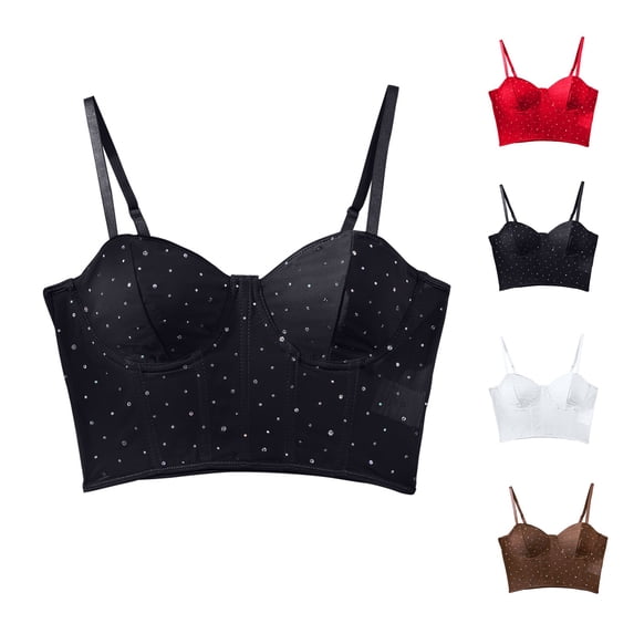 Women's Rhinestone Corset Top Sexy Mesh Bustier, Underwire Push Up Boned Crop Tank, Sheer Sequin Party Clubwear, Adjustable Strap Camisole