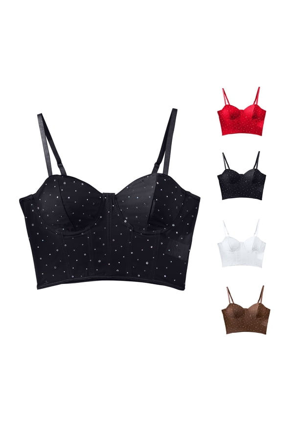 Women's Rhinestone Corset Top Sexy Mesh Bustier, Underwire Push Up Boned Crop Tank, Sheer Sequin Party Clubwear, Adjustable Strap Camisole