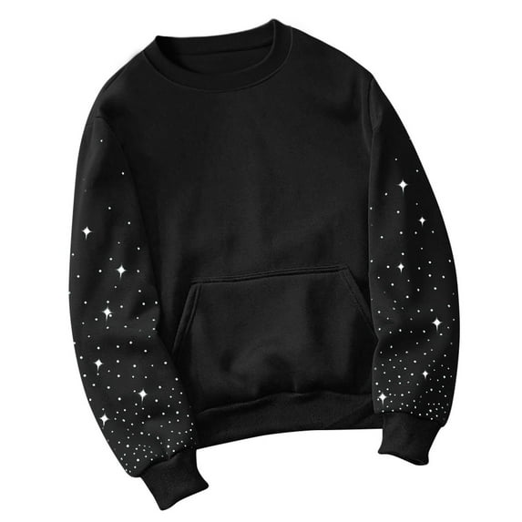 Women's Rhinestone Crew Neck Sweatshirt, Solid Color Long Sleeve Pullover with Pocket, Soft Casual Fall Winter Top for Women, Comfortable Loose Fit Daily Wear with Bling Design Black