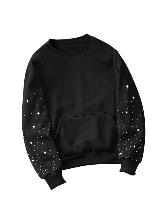 Women's Rhinestone Crew Neck Sweatshirt, Solid Color Long Sleeve Pullover with Pocket, Soft Casual Fall Winter Top for Women, Comfortable Loose Fit Daily Wear with Bling Design Black