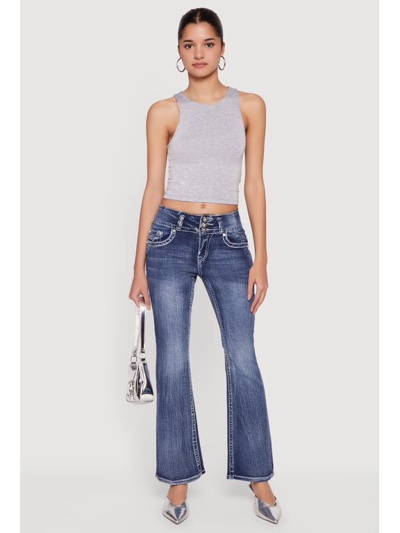 Women's Rhinestone Cross Embroidered Flare Leg Jeans