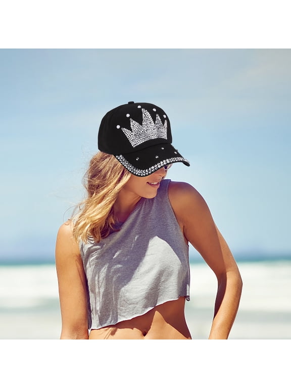 Women's Rhinestone Crown Baseball Cap - Sparkly Bling Rhinestone Cowgirl Hat, Adjustable Sparkle Crystal Sun Hat for Party & Daily Wear-Black