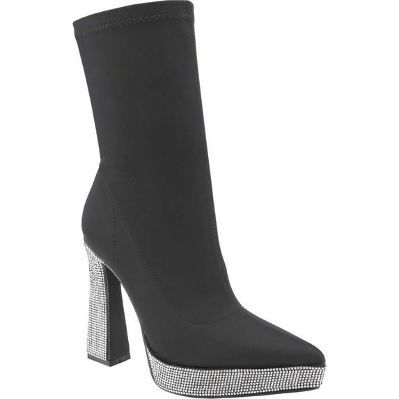 Women's Rhinestone Crystal Ankle Boots Platform Chunky High Heel Ankle Boots Pointed Toe Side Zipper Glitter Block Heel Dress Booties
