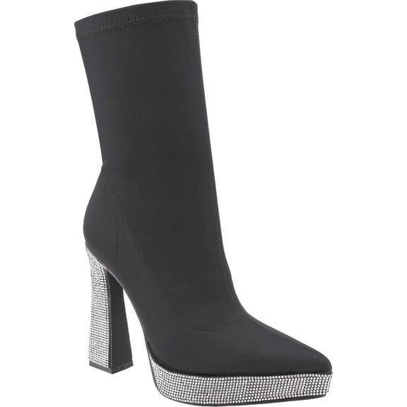 Women's Rhinestone Crystal Ankle Boots Platform Chunky High Heel Ankle Boots Pointed Toe Side Zipper Glitter Block Heel Dress Booties