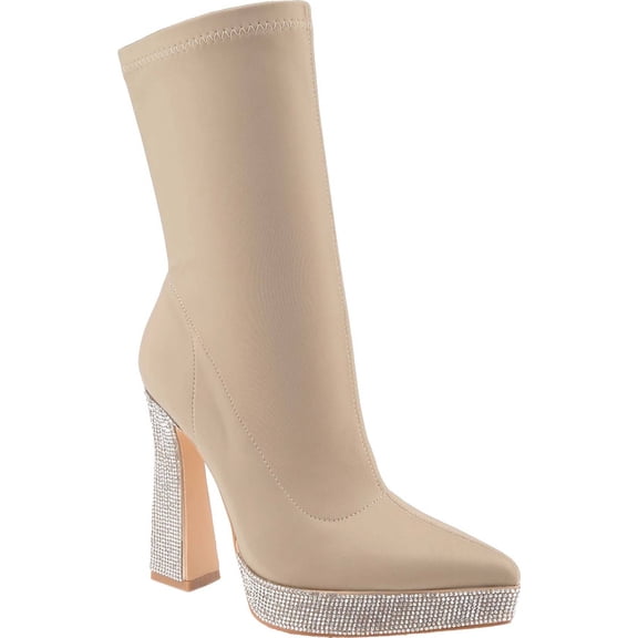 Women's Rhinestone Crystal Ankle Boots Platform Chunky High Heel Ankle Boots Pointed Toe Side Zipper Glitter Block Heel Dress Booties