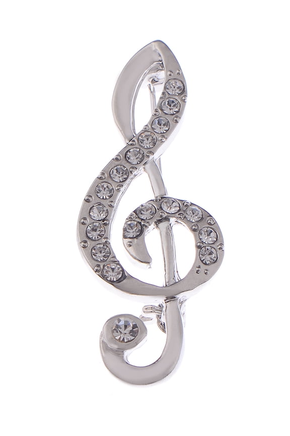 Women's Rhinestone Crystal Studded Treble Clef Music Note Silver Tone Novelty Brooch Pin