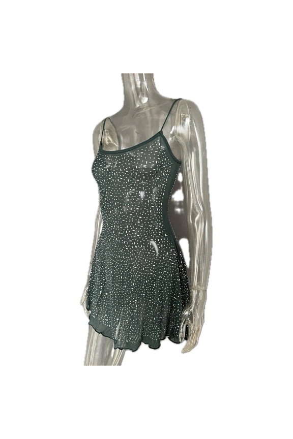 Women's Rhinestone Decor Mini Cami Dress with Stretch Bodice Sparkle Look Fabric 100% Polyester for Party Wearable Gear