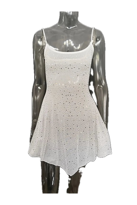 Women's Rhinestone Decor Mini Cami Dress with Stretch Bodice Sparkle Look Fabric 100% Polyester for Party Wearable Gear