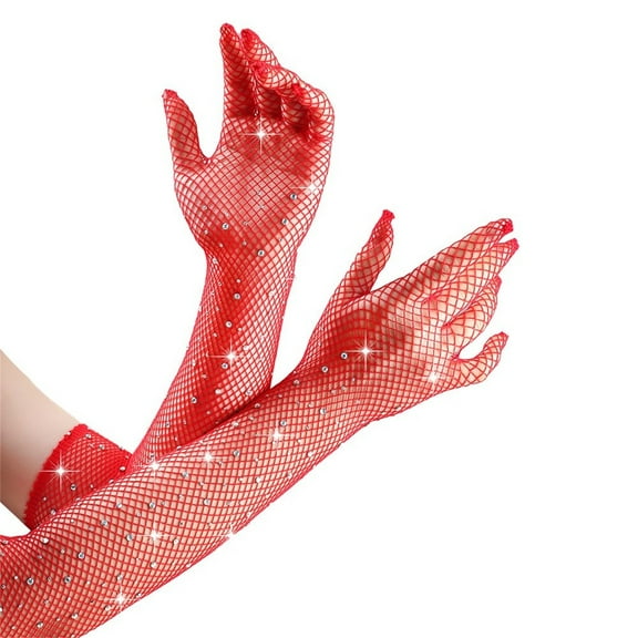 Women's Rhinestone Decorated Fishnet Gloves, Stretchy Mesh Party Gloves for Cosplay and Nightclub, Sparkling Evening Gloves with Crystal Accents, Dance Gloves for Costume Parties and Rave Events Red