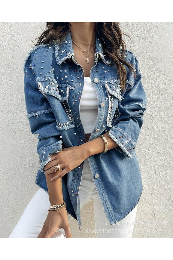 Women's Rhinestone Denim Jacket Casual Long Sleeve Jeans Trucker Jacket Coat