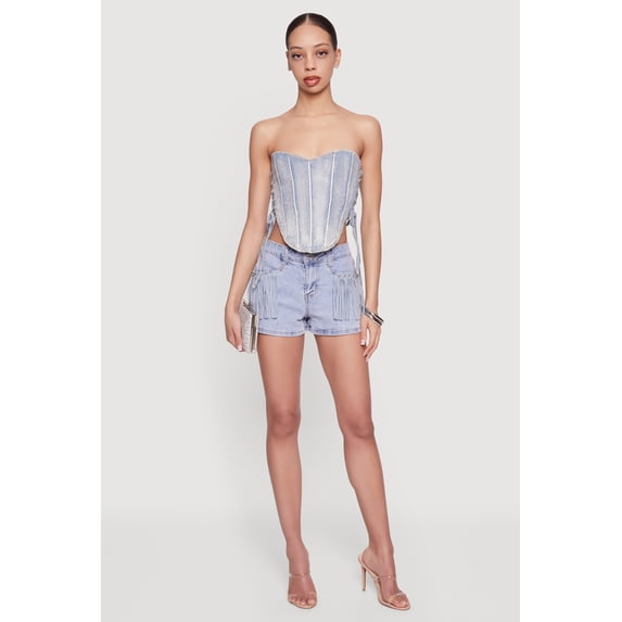 Women's Rhinestone Denim Lace Up Side Cropped Corset Top