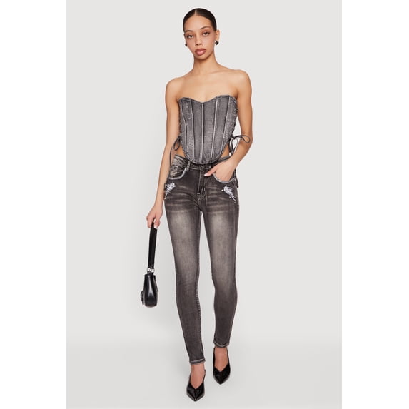 Women's Rhinestone Denim Lace Up Side Cropped Corset Top