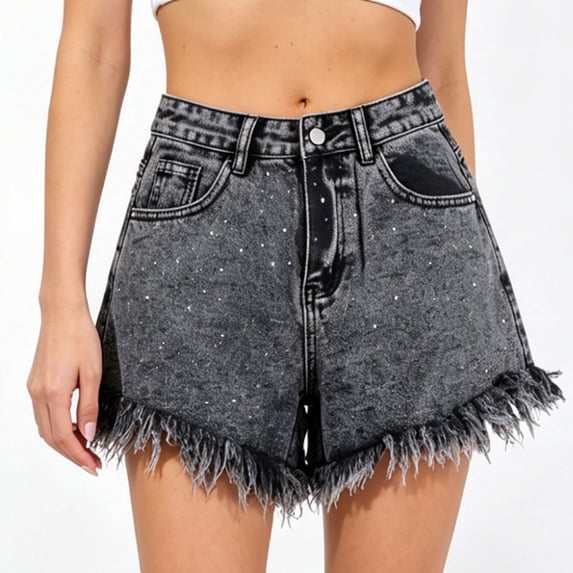 Women's Rhinestone Denim Shorts, High Waisted Frayed Hem Wide Leg Jean Shorts