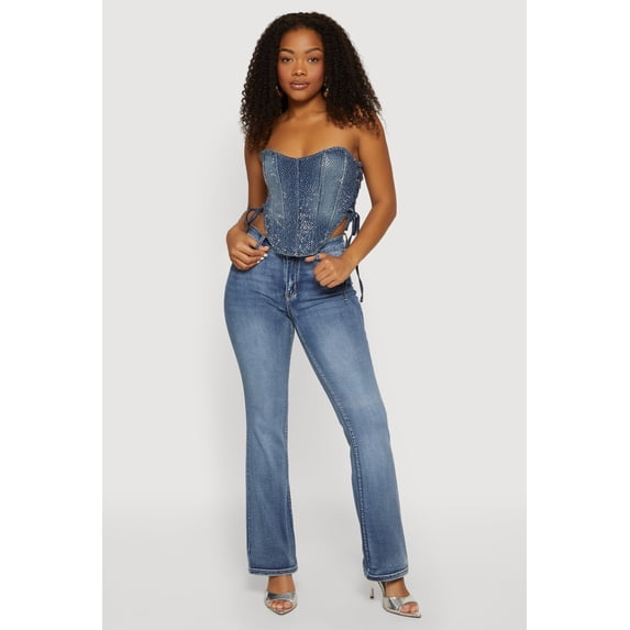 Women's Rhinestone Denim Side Lace Up Corset Crop Top