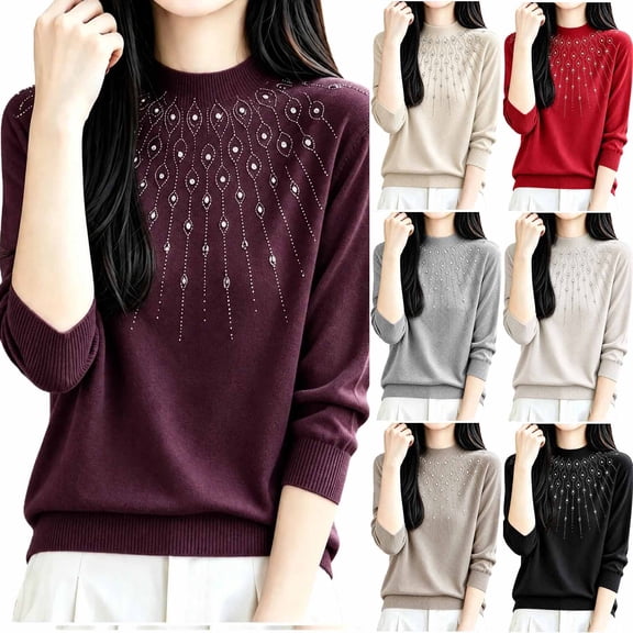 Women's Rhinestone Detail Sweater Crew Neck Long Sleeve Loose Fit Casual Pullover Top