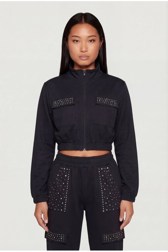 Women's Rhinestone Detail Zip Front Mock Neck Cropped Track Jacket