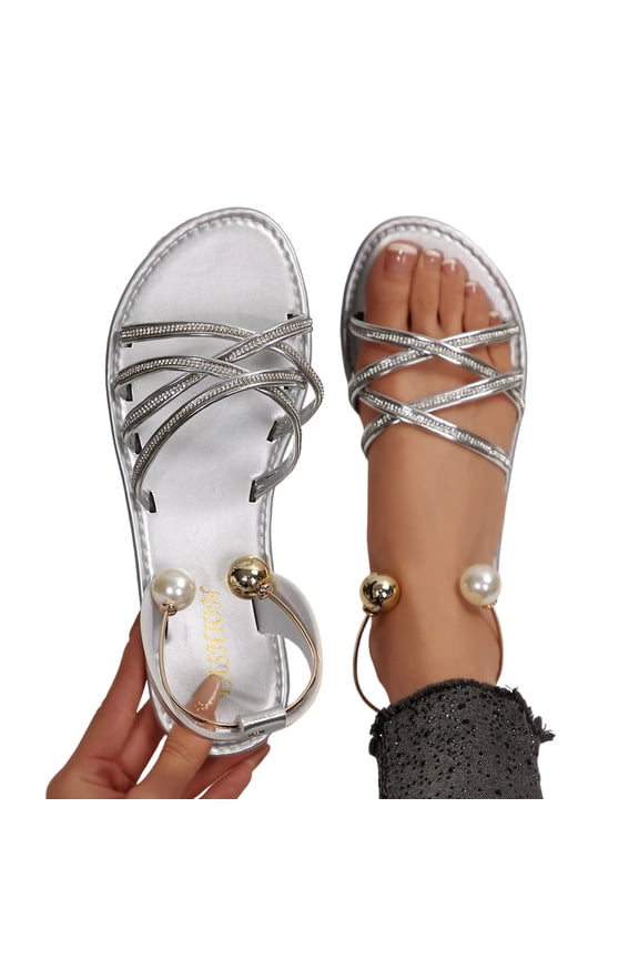 Women's Rhinestone Dressy Sandals Criss Cross Strappy Ankle Strap Flat Sandals Casual Open Toe Slip on Slides Pearl Button Flat Sandals