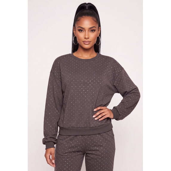 Women's Rhinestone Drop Shoulder Fleece Lined Sweatshirt