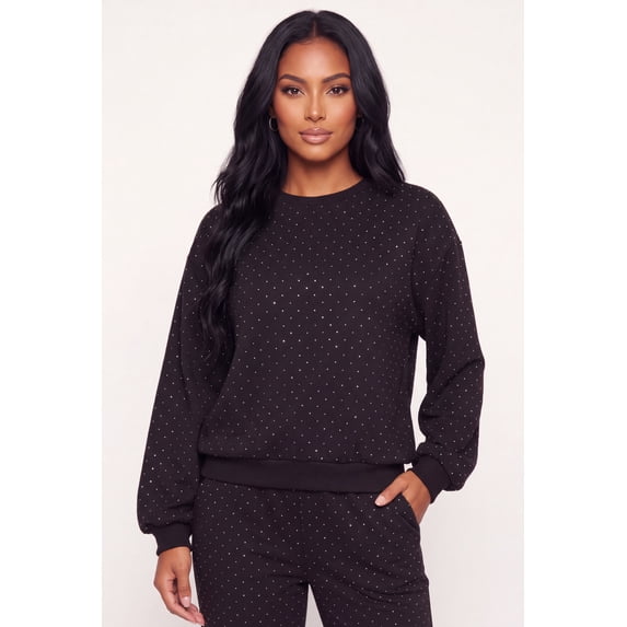 Women's Rhinestone Drop Shoulder Fleece Lined Sweatshirt