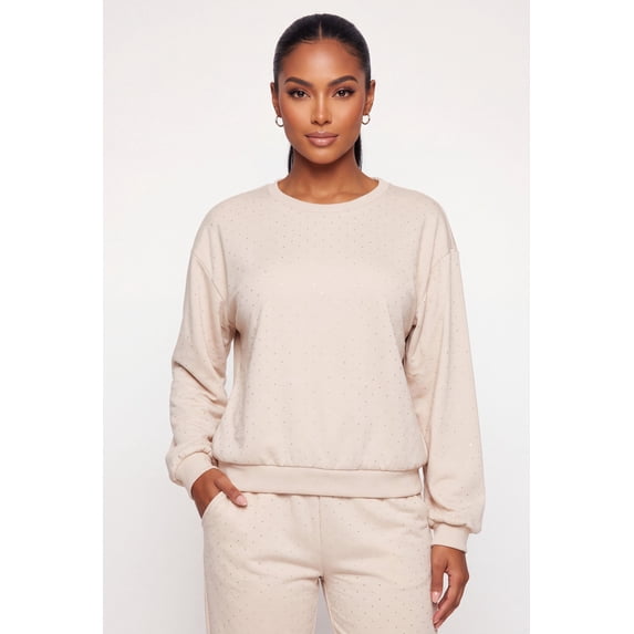Women's Rhinestone Drop Shoulder Fleece Lined Sweatshirt