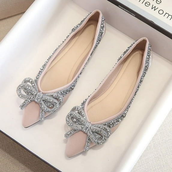 Women's Rhinestone Embellished Flats, Pointed Toe Slip-On Dress Shoes, Comfortable Ballet Flats for Women, Size 5-11