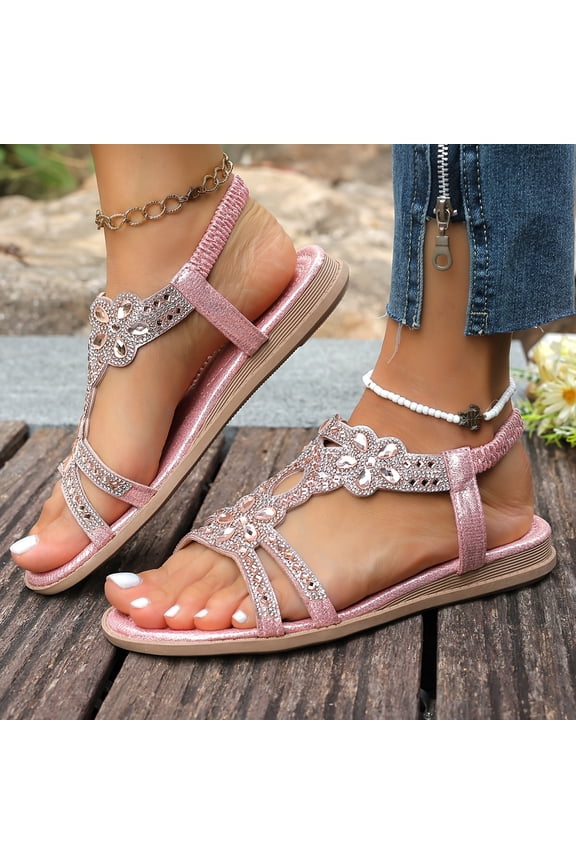 Women's Rhinestone Embellished Gladiator Sandals, Bohemian Open-Toe Flat Shoes with Elastic Ankle Strap for Summer, Beach, and Casual Wear