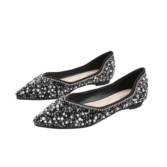 Women's Rhinestone Embellished Satin Flats, Pointed Toe Slip-On Ballet Shoes, Comfortable Dress Shoes for Women, Sizes 5-11