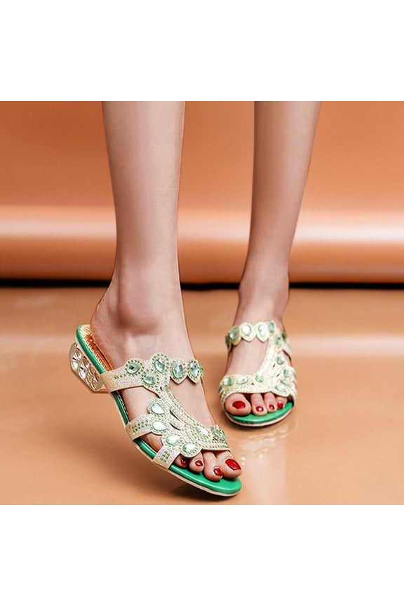 Women's Rhinestone Embellished Slide Sandals, Open Toe Crystal Block Heel Mules, Glam Summer Shoes for Party, Wedding, Vacation Green 40