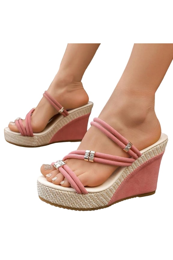 Women's Rhinestone Embellished Wedge Sandals Lightweight Open Toe Espadrille Platform Slides for Summer Beach Red Size 9