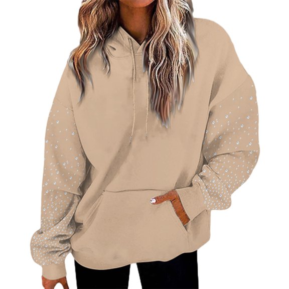 Women's Rhinestone Encrusted Hooded Sweatshirt, Comfortable Fleece Lined Pullover with Sparkle Design, Fashionable Casual Winter Wear for Autumn and Winter Seasons, Daily Use and Cold Weather Khaki