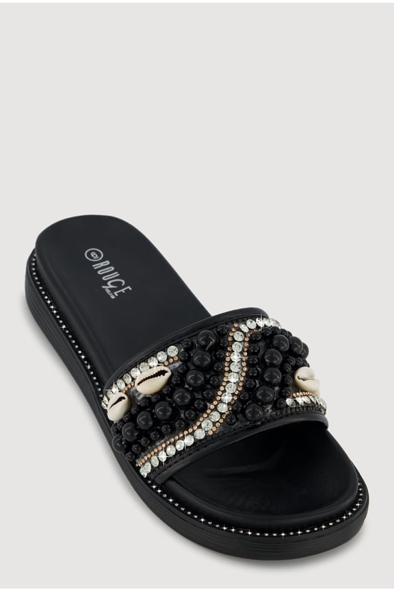 Women's Rhinestone Faux Pearl Band Slide Sandals