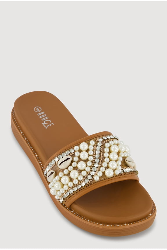 Women's Rhinestone Faux Pearl Band Slide Sandals