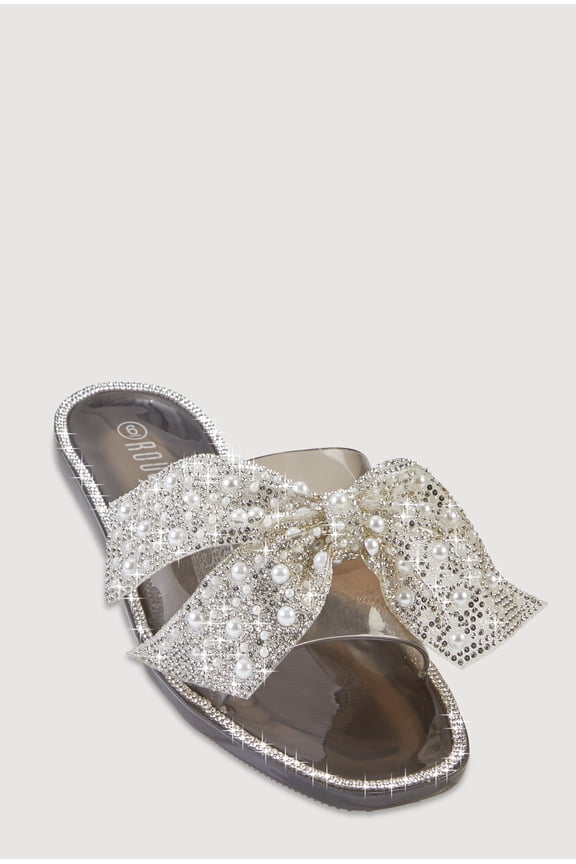 Women's Rhinestone Faux Pearl Bow Band Jelly Slide Sandals