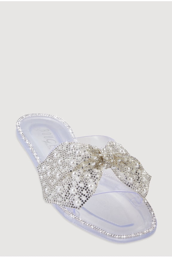 Women's Rhinestone Faux Pearl Bow Band Jelly Slide Sandals