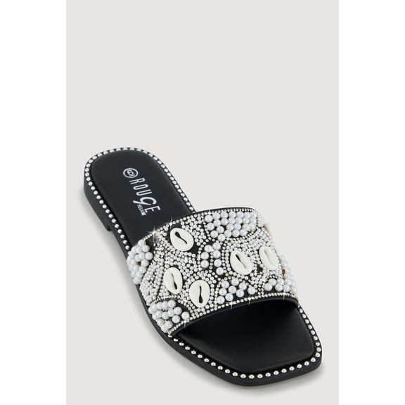 Women's Rhinestone Faux Pearl Cowrie Shell Slide Sandals