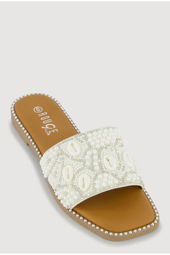 Women's Rhinestone Faux Pearl Cowrie Shell Slide Sandals