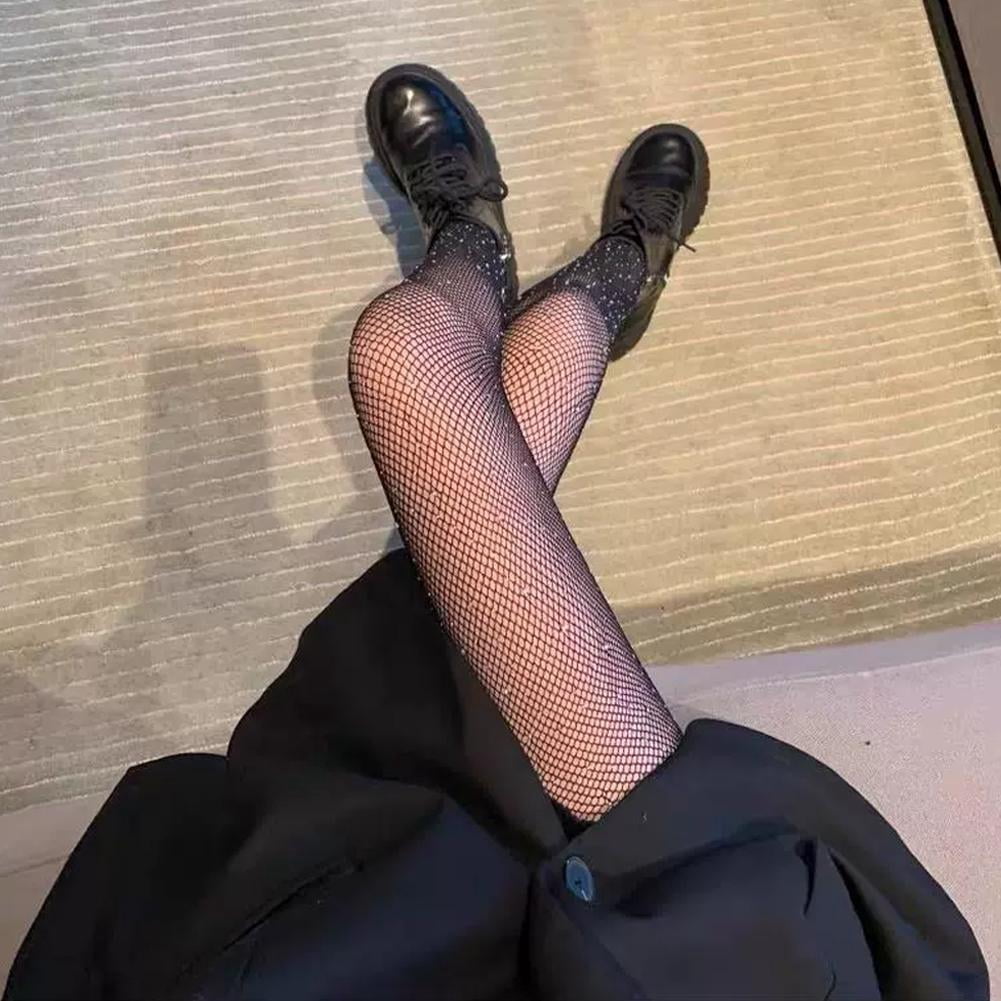Women’s Rhinestone Fishnet Tights, Black, open fishnet structure ...