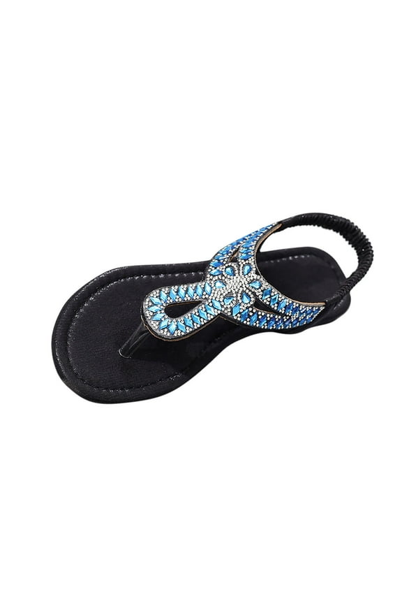 Women's Rhinestone Flat Sandals Bohemian T-Strap Flip Flops Comfortable Beach Slides Summer Casual Elastic Thong Slippers Blue Women Sandal